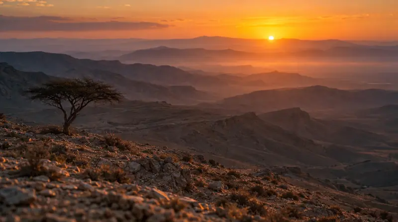 Sunrise over desert hills