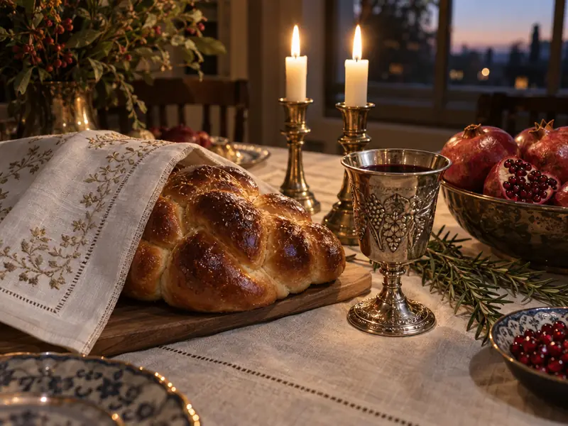 A Friday-night table with challah, wine and candles